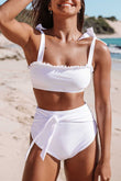 Frill Trim Tie Shoulder Bikini High Waist Swimsuit