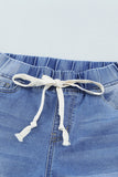 Drawstring Elastic Waist Hole Ripped Jeans