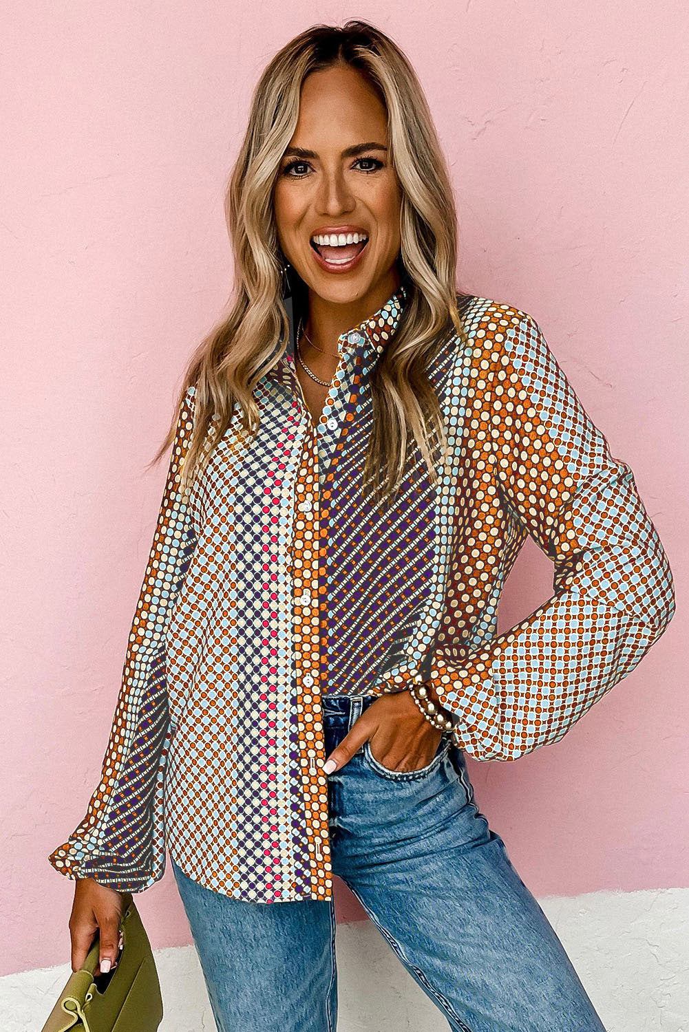 Dot Print Long Sleeve Button Down Shift Shirt