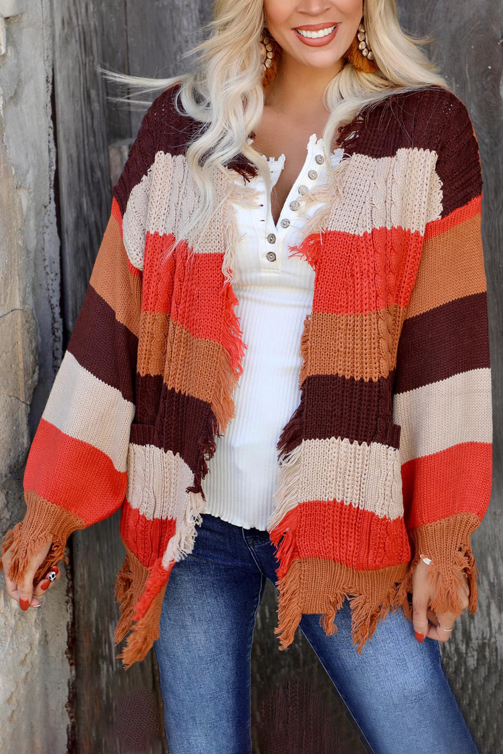 Striped Knit Frayed Hem Cardigan