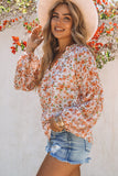 Green Floral Print V Neck Long Puff Sleeve Top