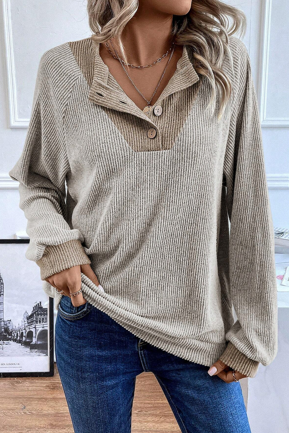 Light Grey Color Contrast Ribbed Loose Fit Long Sleeve Top