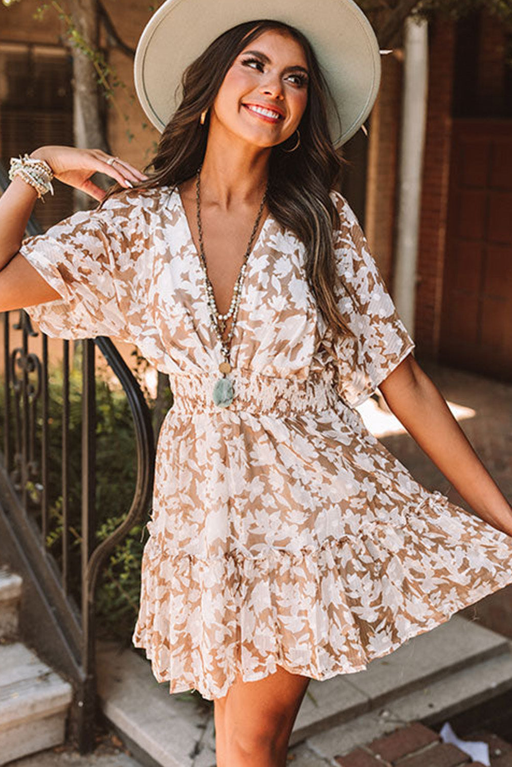 Floral Print Smocked High Waist Deep V Neck Mini Dress