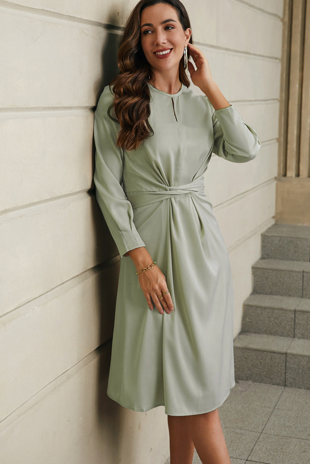 Twist Front Tie Back Long Sleeve Satin Dress