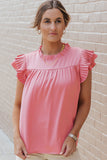 Satin Fringed Ruffle Sleeve Mock Neck Blouse