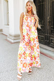 Multicolor Floral Print Shirred Sleeveless Wide Leg Jumpsuit