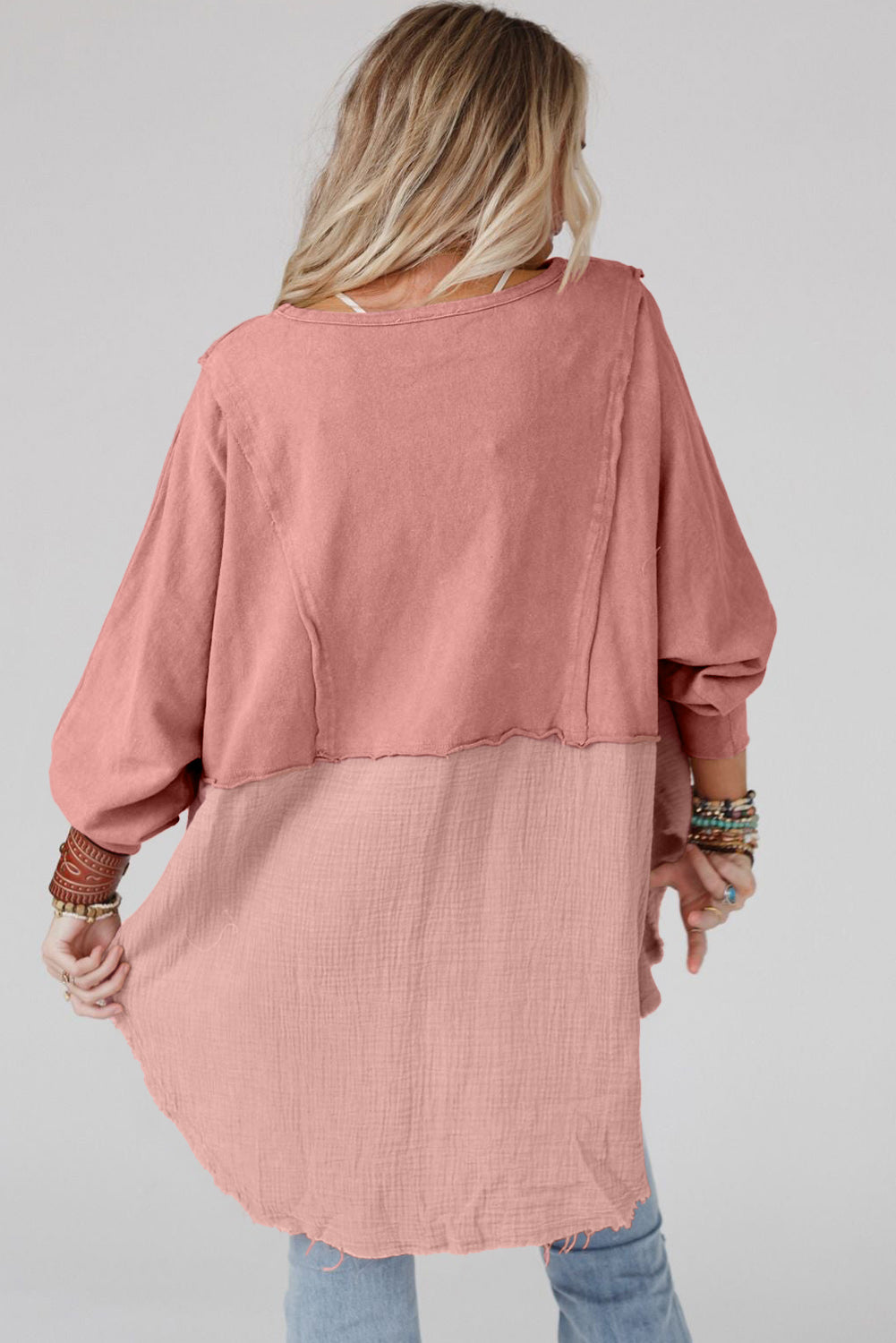 Crinkle Splicing Raw Hem High Low Oversized Blouse