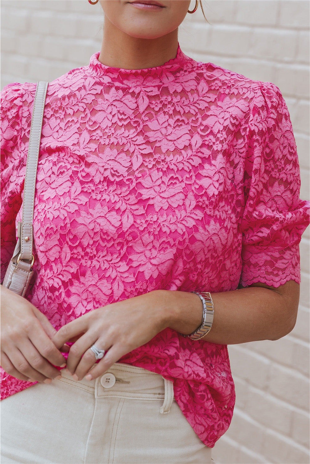 High Neck Lace Short Sleeve Top