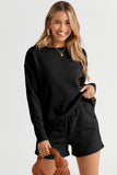 Black Textured Loose Fit T Shirt and Drawstring Pants Set