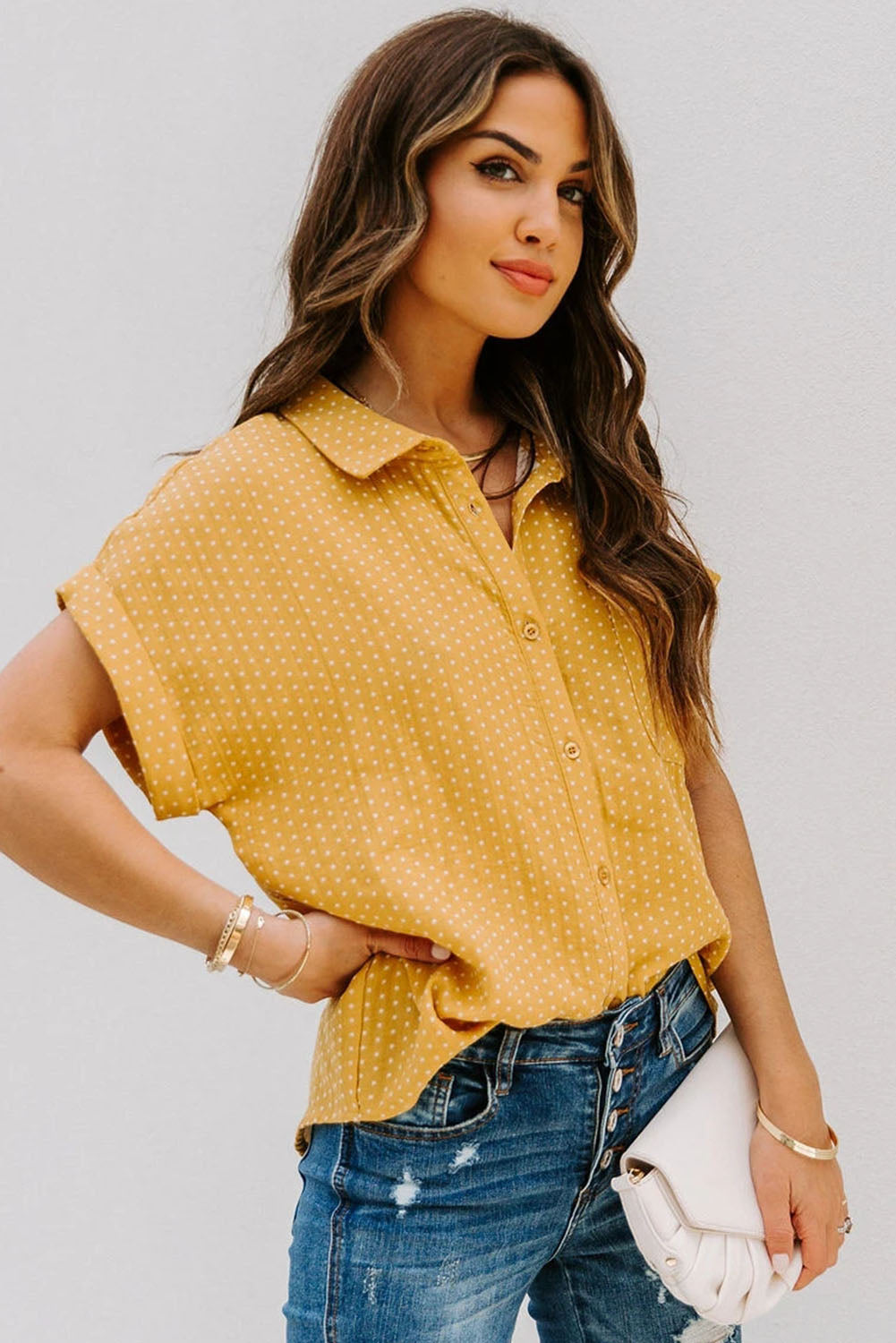 Rolled Short Sleeve Polka Dot Print Shirt