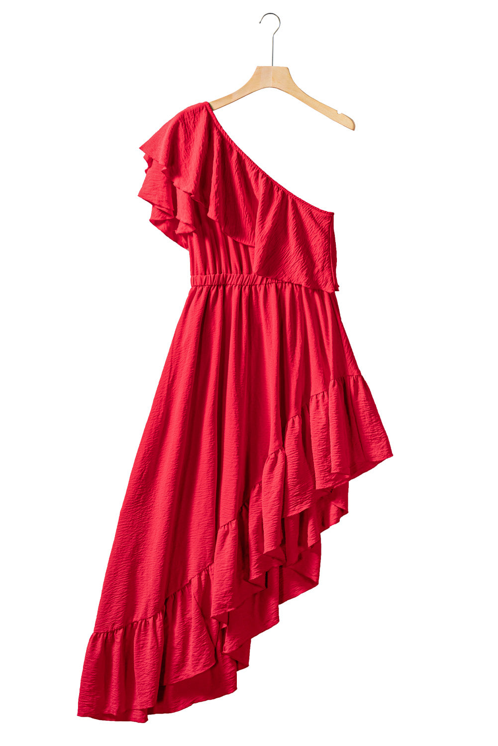 Robe longue rouge à une épaule et à volants, haute et basse