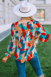 Abstract Pattern Crewneck Ruffled Puff Sleeve Blouse