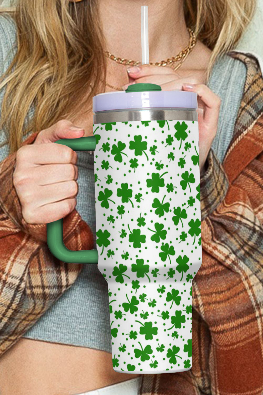 Dark Green Clover Print Thermos Cup with Handle 40oz