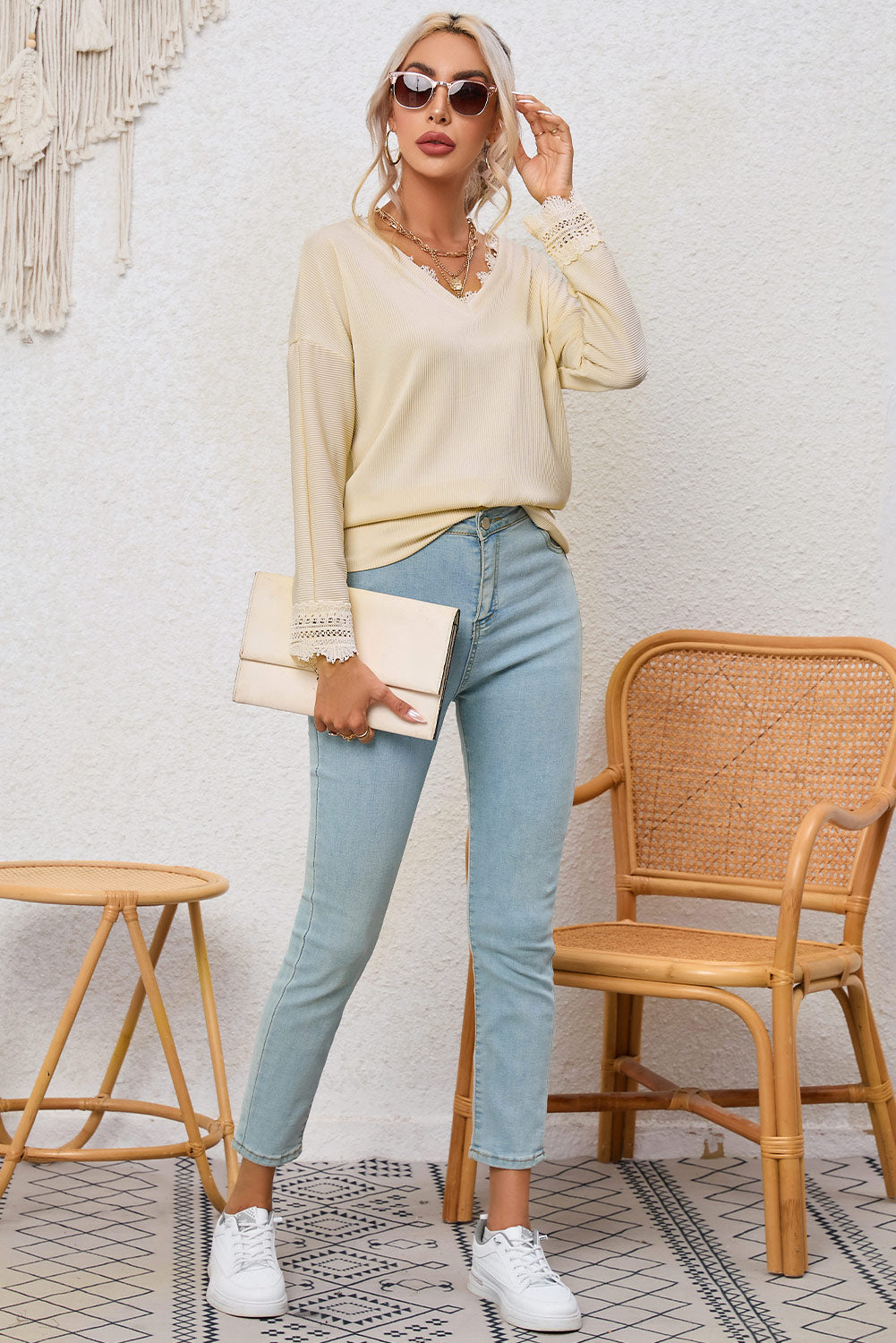 Ribbed Texture Lace Trim V Neck Long Sleeve Top