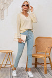 Ribbed Texture Lace Trim V Neck Long Sleeve Top