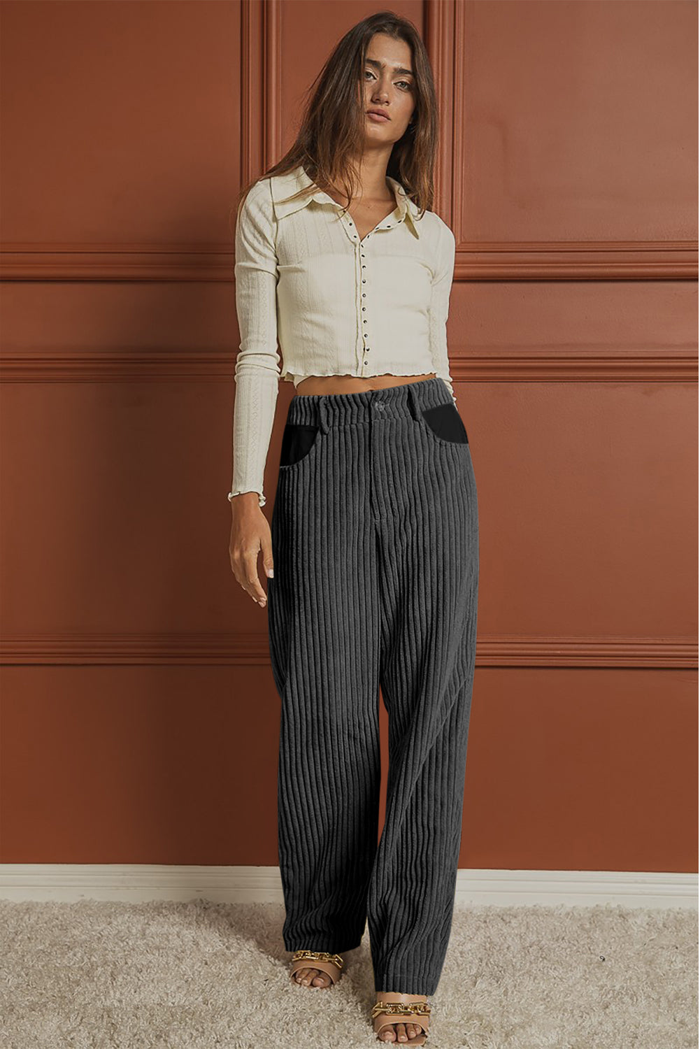 Contrast Patched Pocket Corduroy Wide Leg Pants