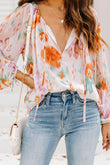 Abstract Print Split Neck Puff Sleeve Blouse