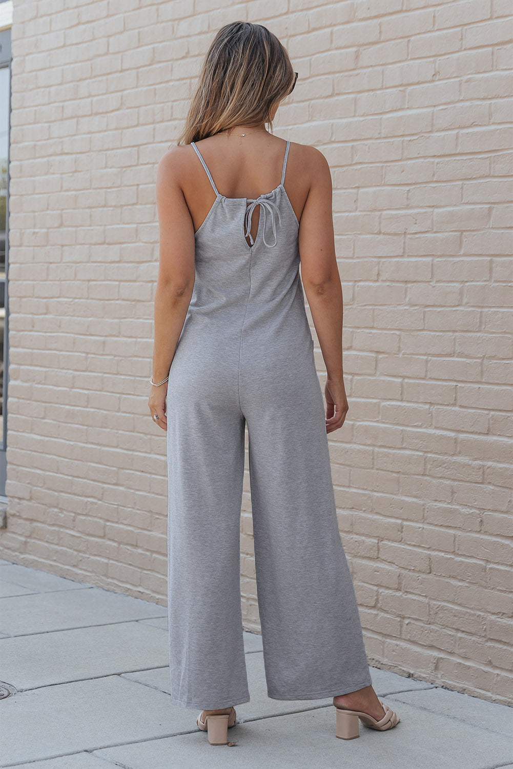 Black Patch Pockets Spaghetti Strap Wide Leg Jumpsuit