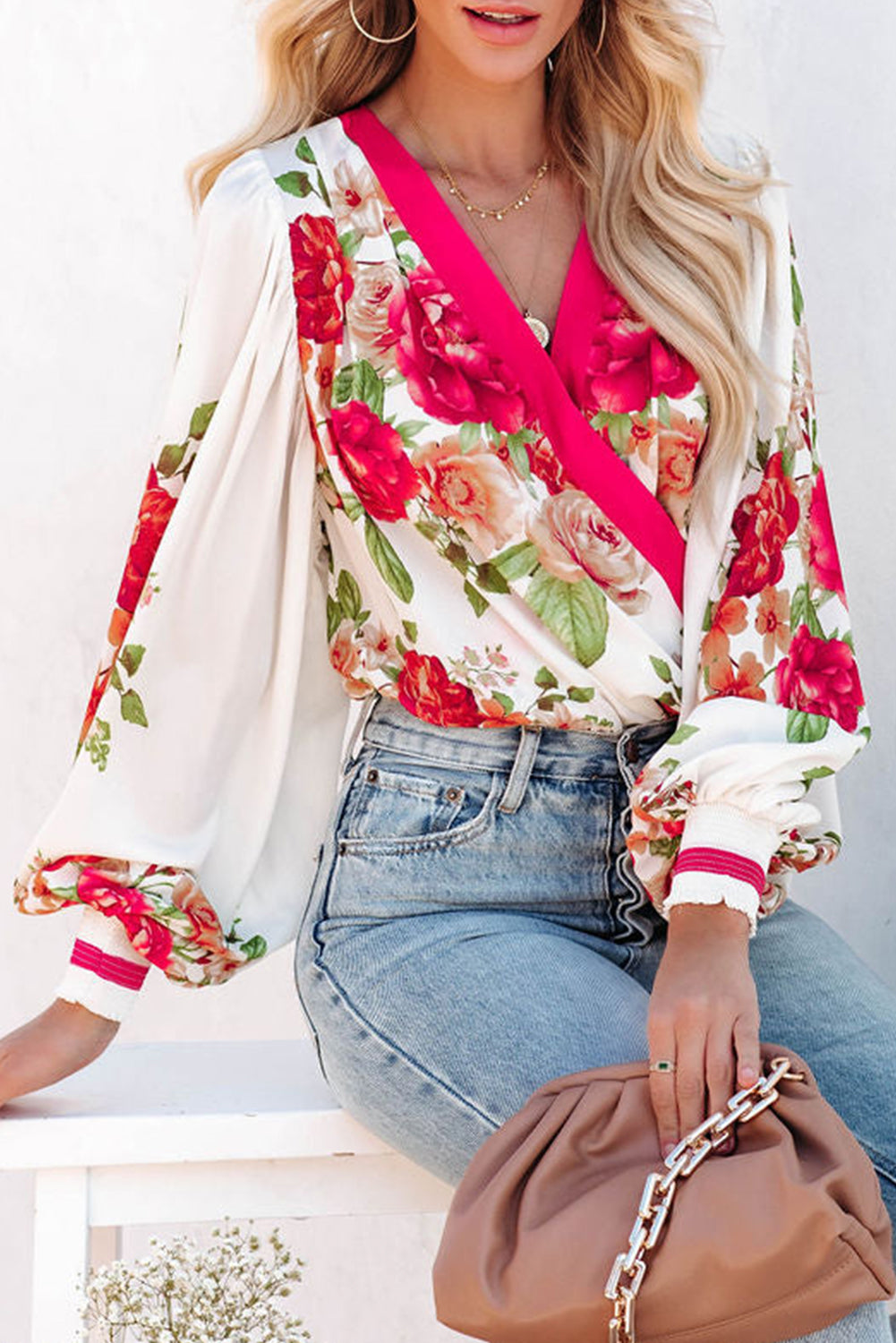 Floral Print V Neck Wrap Bodysuit