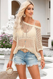 Fishnet Knit Ribbed Round Neck Short Sleeve Sweater Tee