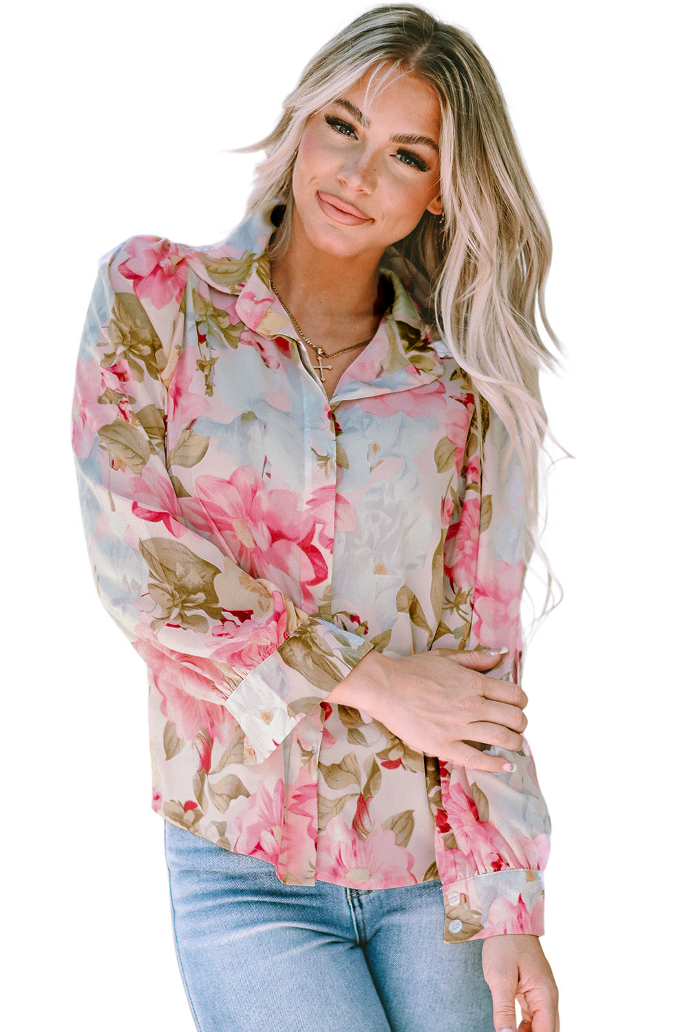 Pink Floral Print Tiered Ruffled Long Sleeve Blouse