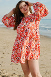 Orange Floral Print Split V Neck Bubble Sleeve Plus Size Midi Dress