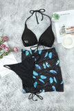 Halter Triangle Bikini with Drawstring Print Skirt