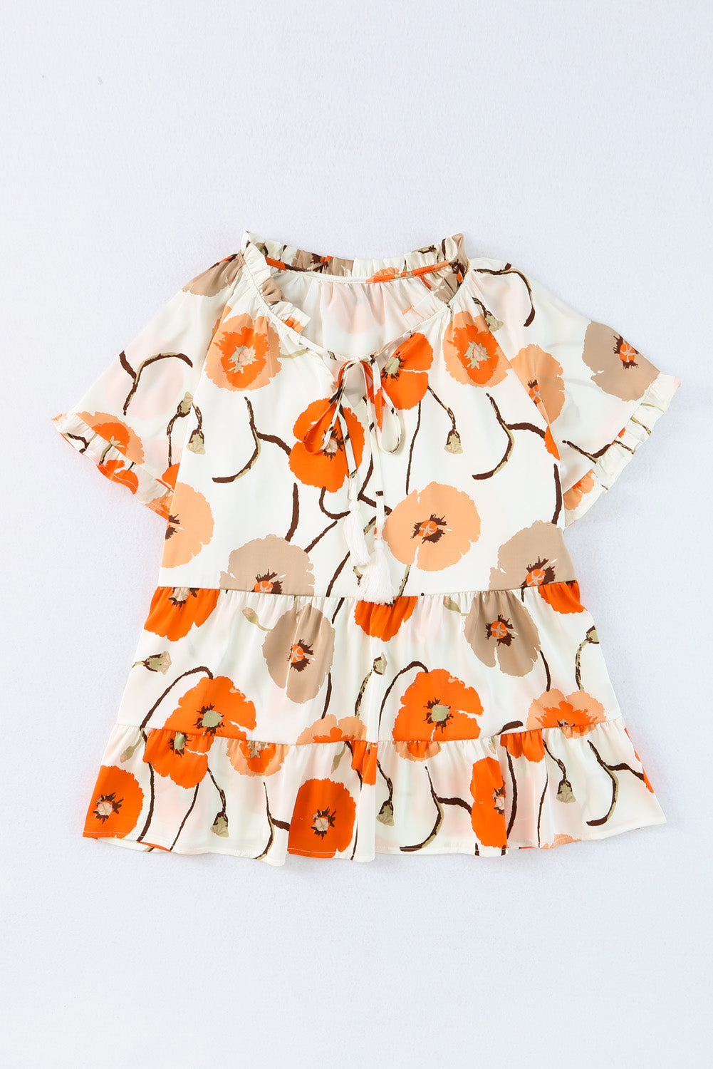 Blouse babydoll orange à imprimé floral et col volanté 