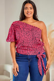 Plus Slant One Shoulder Leopard Tie Drape Blouse