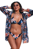 Floral Triangular Bikini Set with Swimsuit Cover up