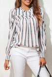 Striped Colorblock Puff Sleeve Frilled Neck Blouse