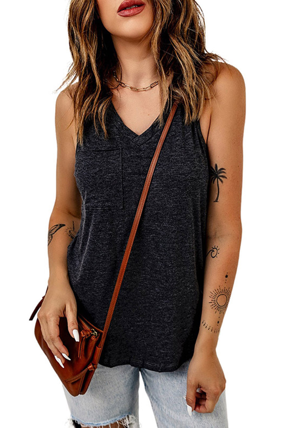 V Neck Racerback Tank Top with Pocket