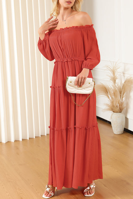 Off Shoulder Balloon Sleeve Cutout Ruffled Maxi Dress