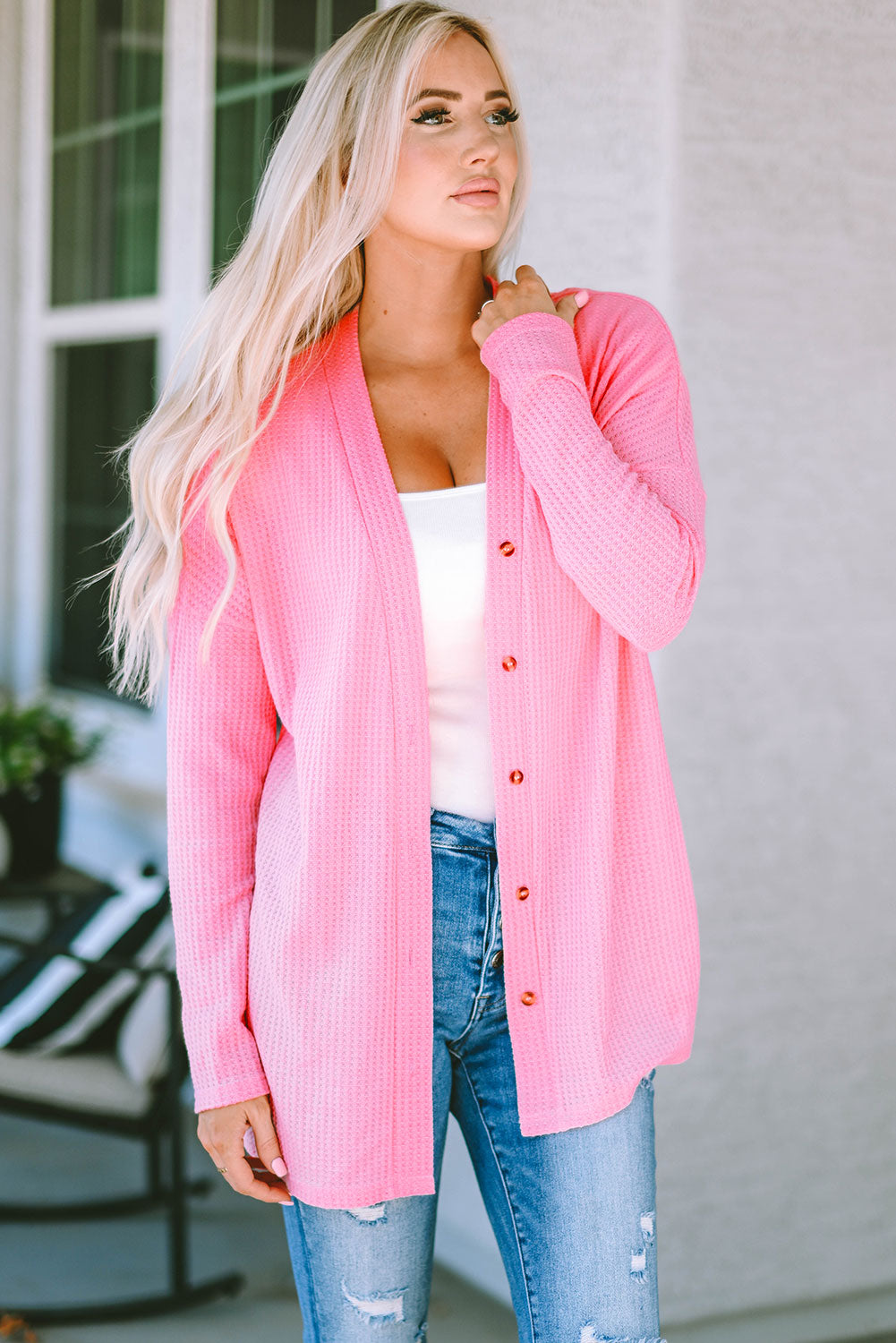 Waffle Knit Dropped Shoulder Cardigan