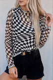 Rose Checkered Pattern Mesh Mock Neck Long Sleeve Top