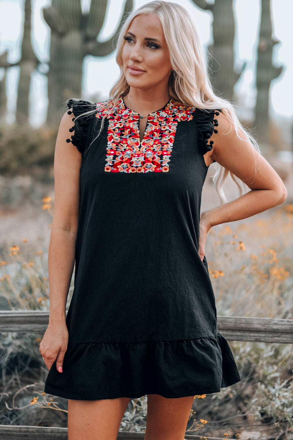 Boho Print Pompom Sleeve Shift Dress