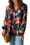 Green Graffiti Printed V Neck Puff Sleeve Blouse