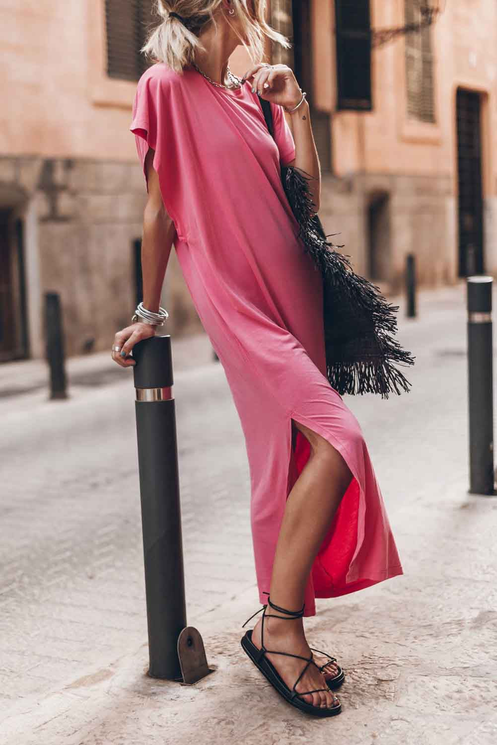 Crew Neck Bat Sleeve Maxi T-shirt Dress