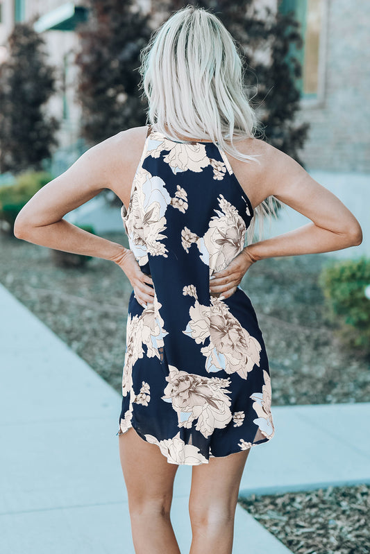 Blooming Peony Print Navy Sleeveless Dress