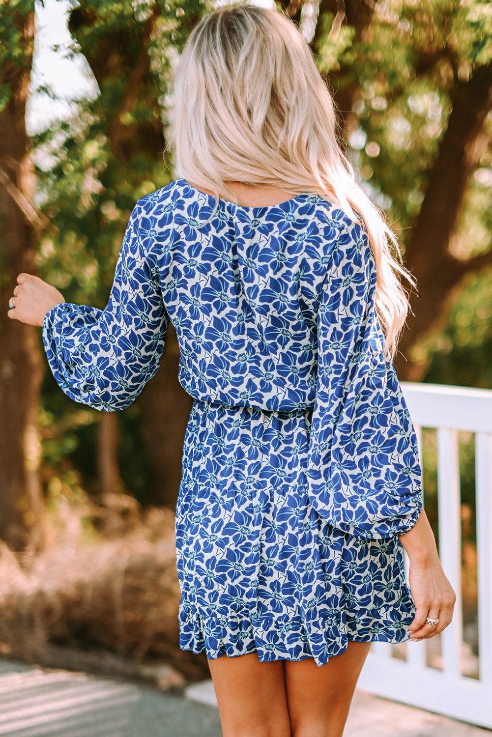 Sky Blue/Blue/Apricot V Neck Lantern Sleeves Floral Tunic Dress