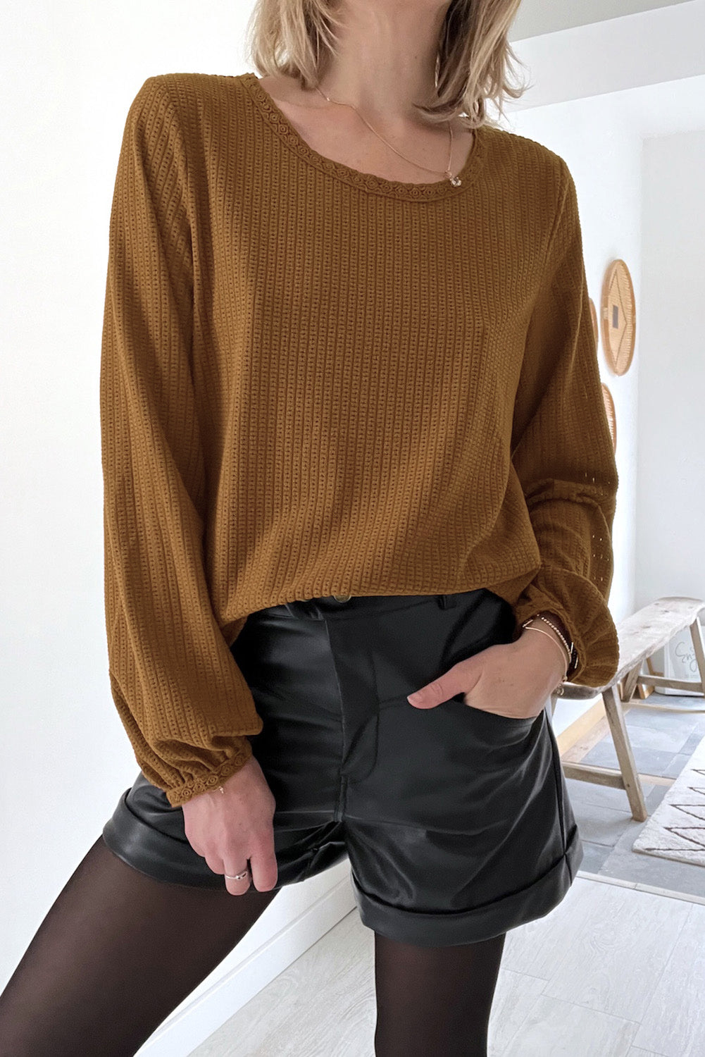 Textured Round Neck Puff Sleeve Top