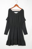 Ruffled V Neck Cut-out Back Elastic Waist Dress