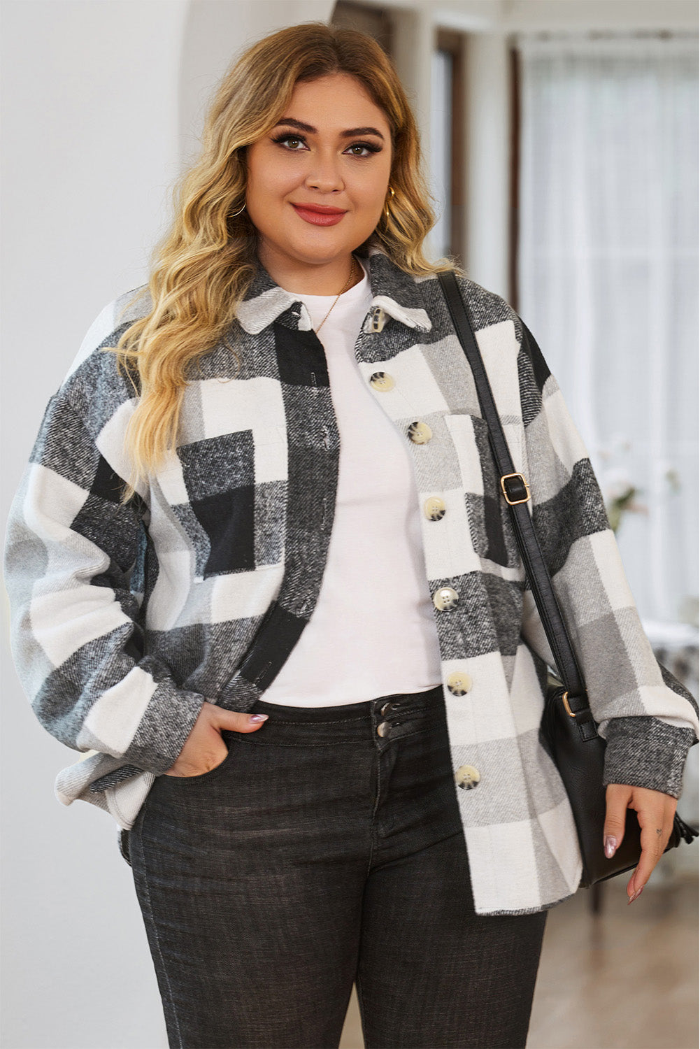 Plaid Color Block Buttoned Long Sleeve Jacket with Pocket