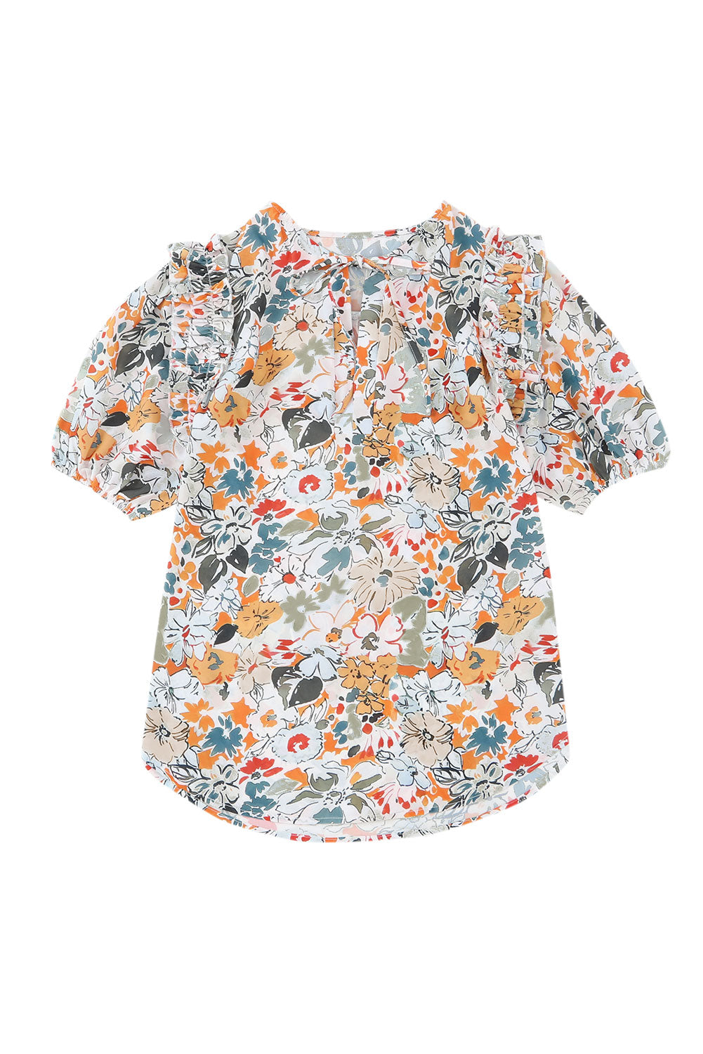 Blouse multicolore fendue à col en V et manches bouffantes à imprimé floral