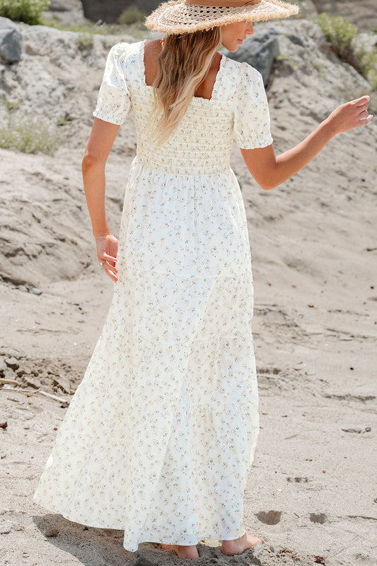 White Frilly Shirred Bodice Tiered Floral Maxi Dress