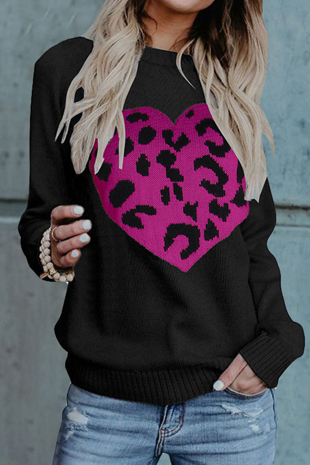 Leopard Heart Pattern Casual Sweater