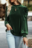 Red Mock Neck Puff Sleeve Velvet Blouse