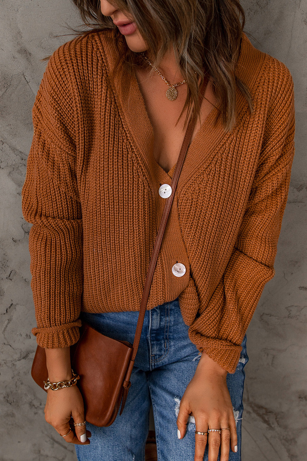 V Neck Drop Shoulder Buttons Cardigan