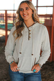 Beige Drawstring Kangaroo Pocket Henley Hoodie