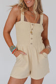 Beige Buttons Smocked Sleeveless Romper